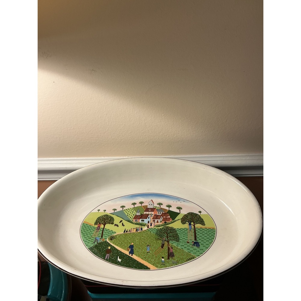 Villeroy & Boch Vilbofour Naif Oval Baking Dish Porcelain Folk Art Village 14.5"